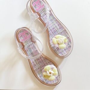 CHANEL Clear Jelly Thong Flower Ankle Strap FlatSandals Flip Flop Pool Slide 7.5
